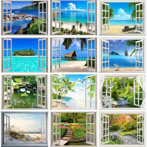 Diy Craft Diamond Painting Window Landscape Diamond Embroidery Sale Seaside Pictures Of Rhinestones Mosaic Home Decor