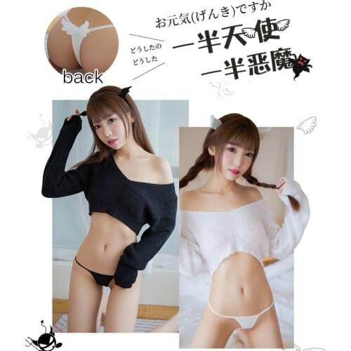 Angel OR Devil? Sexy Cute Womens Exotic Apparel Thin Sweater Shirt & Wings T-back & Wings Headband Sexy Lingerie Set