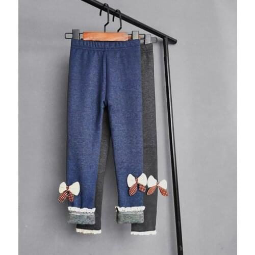 Girls Imitation Denim Pant Autumn Winter Kids Plus Velvet Long Pants Baby Girls Bow Lace Warm Trousers Dark Blue Black