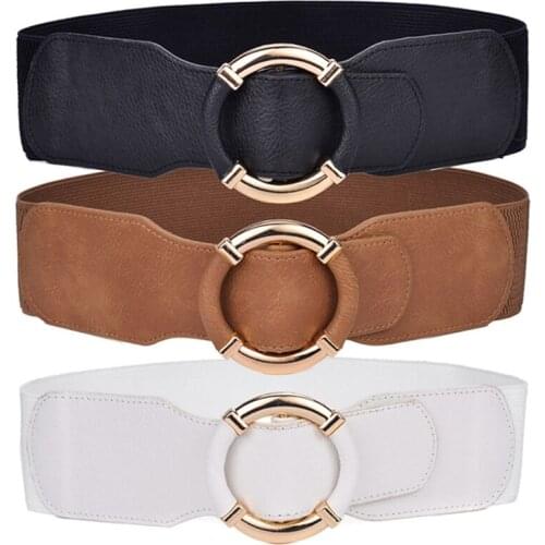 Women Elastic Stretch Wide Waist Belts w Wrapped Gold Circle Buckle