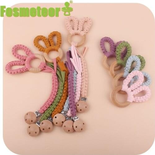 Fosmeteor 1set Beech Wood Clips Handmade Cotton Pacifier Clips Chain And Crochet Bunny Ears Baby Nursing Pacifier Chain Gift