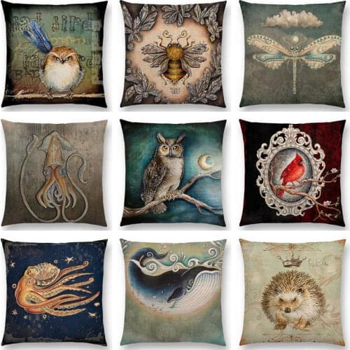 Hot Sale Classic Retro Magical Animals Cool Bird Blue Whale Hedgehog Moonlight Owl Bat Bee Octopus Cushion Sofa Throw Pillow
