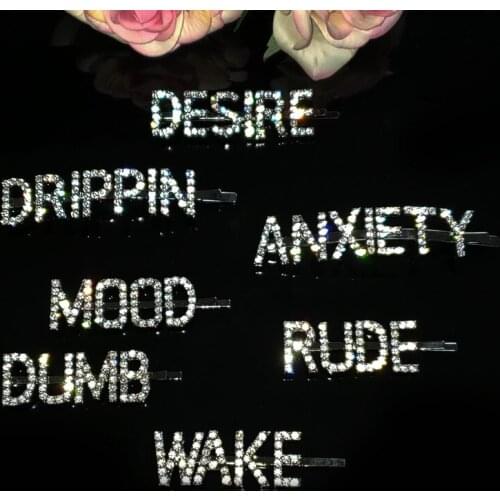 Hot Sale Hair Accessories Word Hairclips "DESIRE,DRIPPIN,ANXIETY,MOOD,RUDE,DUMB,WAKE" Bling Letters Hair Pin Hairgrips WHOLESALE