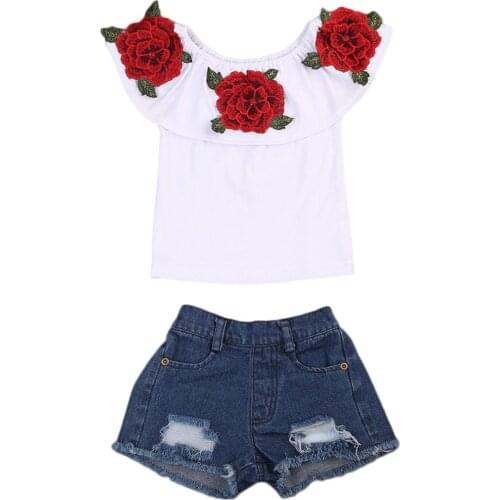 Toddler Kids Baby Girls Clothes Sets Flower Off shoulder Tops T-Shirts+ Denim Shorts Outfits Girl Summer Clothing