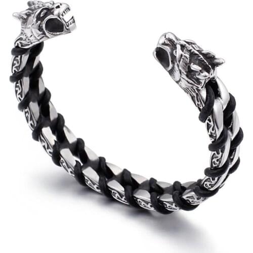 HAOLYNJOY Stainless Steel Leather Bangles Vintage Metal Viking Wolf Mens Bracelet Charm Jewelry