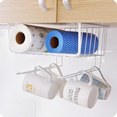 Kitchen Storage Basket Hanging Under Shelf Storage Iron Basket Cabinet Tableware Organizer Dish Rack Holder with Stretch Hook