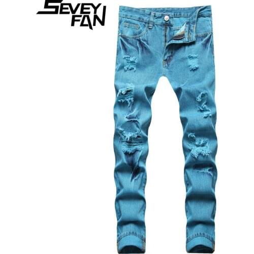 SEVEYFAN Hi Street Mens Fashion Ripped Hole Jeans Plus Size 42 Loose Straight fit Denim Pants Streetwear for Male