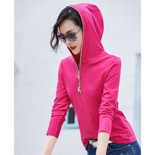 Hooded zipper solid Tshirt Korean Clothes T-Shirt Women T Shirt Long Sleeve 2020 Cotton Casual Tee Shirt Femme Polera Mujer