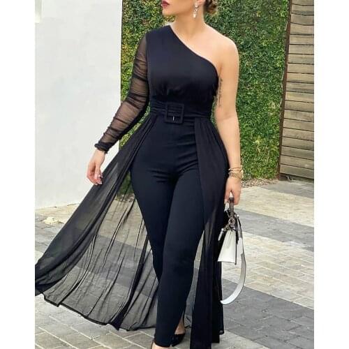 One Shoulder Plain Sheer Mesh Jumpsuit