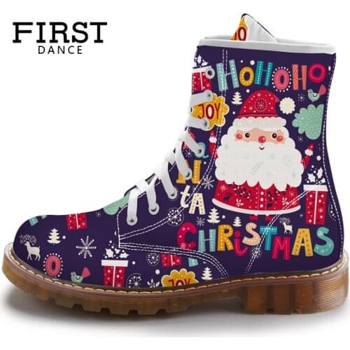 FIRST DANCE Christmas Cute Santa Claus Women Martins Boots Purple Printed Ladies Shoes Spring Custom Female Mid-Calf Boots