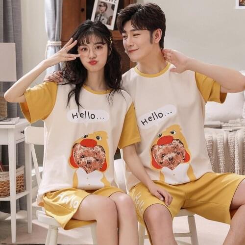 Summer Couple Pajamas Set Fashion Yellow Patchwork Cartoon Bears Print Nightwear Cotton Loose Short Sleeve Women Men Sleepwear