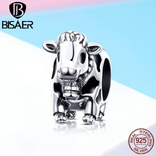 BISAER Genuine 925 Sterling Silver Cattle Cow Charms Animal Cow charms eads fit Silver Bracelets DIY Jewelry Making ECC1049