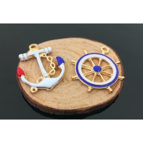 10Pcs Drop Oil Alloy Anchor Rudder Pendants Enamel Charms For Diy Jewelry Findings Accessory Making Earrings Gold Color Floating