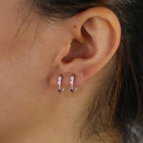 Mini real Silver Color pink pinky white cz earring simple three stone Horn minimal minimalist silver tiny jewelry