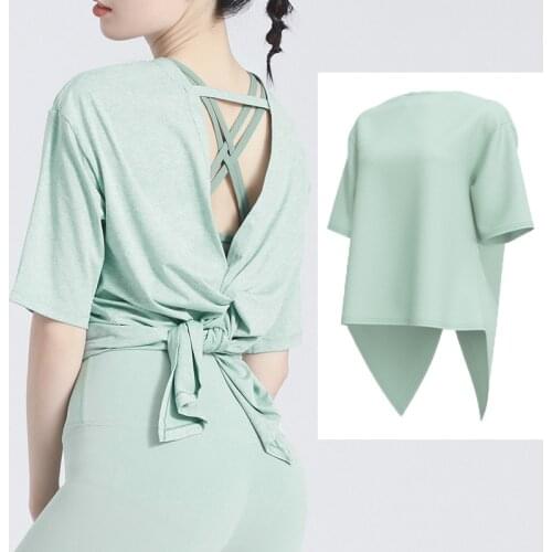 Yoga Tops Women Slit-Back Lace-up Yoga Clothes Breathable Quick-Dry T-shirt Running Fitness Sports Short-Sleeve Sports Shirt