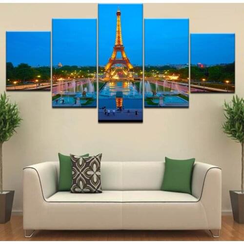 Morning view in Pairs and light Tower 5 Panel HD Print wall posters Canvas Art Painting For home living room decoration