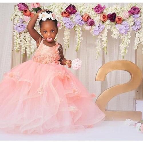 Custom Baby Girls Birthday Party Gowns Floral Lace Tulle Ball Gown Princess Pageant Dress for Special Occasion