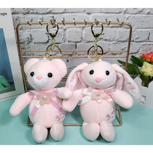WANGAIYAO new cute pink bunny bear bag pendant cloth art doll buckle yarn small flower bunny bear keychain accessory pendant