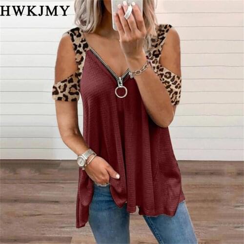 Summer Womens Clothing Casual V-neck Leopard Off Shoulder Short Sleeved Tops Zipper Tee Ladies Plus Size T-shirt 8XL