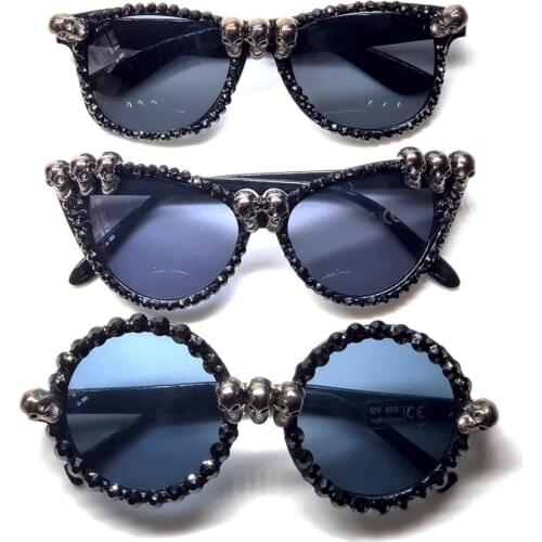 Women Black Skull Rhinestone Halloween Sunglasses 2020 Trend Gorgeous Cat Eye Sun Glasses for Ladies Round Gothic Shades