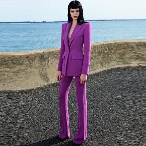 HIGH QUALITY Newest 2021 Runway Designer Suit Set Womens Single Button Blazer Flare Pants Suit Fluorescent Purple