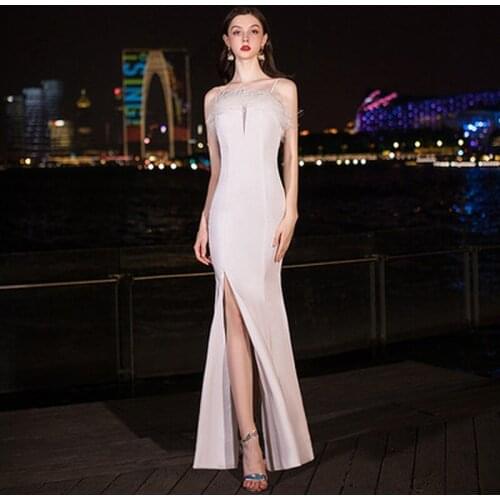 Elegant Mermaid Spaghetti Straps Feathers Evening Dersses for Women Floor Length Sleeveless Dew Shoulder Zipper up 2021 New Gown