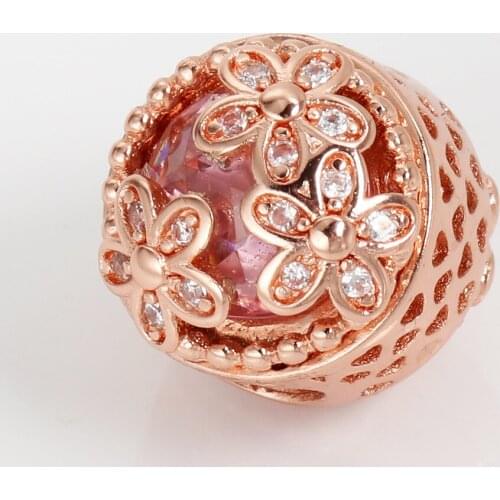 Authentic 925 Sterling Silver Sparkling Pink Daisy Flower Charm Fit Original Bracelet For Women DIY Jewelry Beads Free Shipping