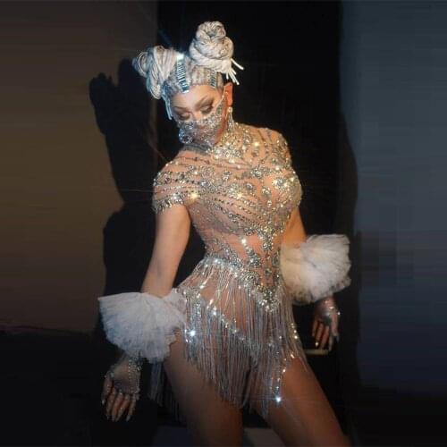 Sparkly Rhinestone Tassel Dress Crystal Gloves Sexy party club Mesh Singer Stage Wear Nightclub designer dresses runway birthday