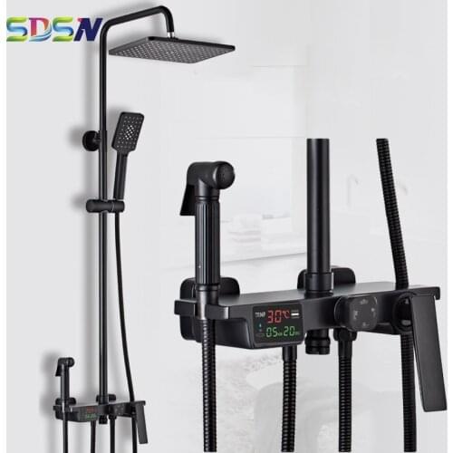 Digital Shower Set Black Bronze Bathroom Shower Faucet System Temperature Display Bathroom Shower Mixer Faucet Bath Shower Set