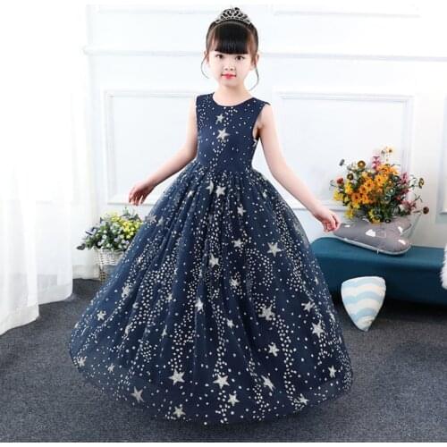 Elegant Floor Length Dress For Girls Long Star Glitter Tutu Prom Big Girls Performance Evening Pageant Junior Party Ball Gown 5t