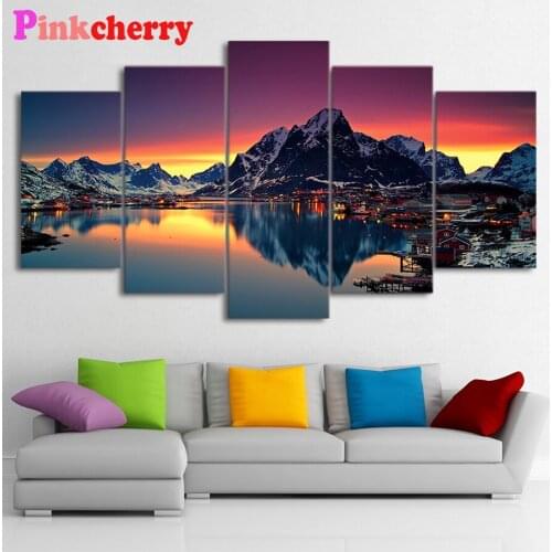 Photo custom diy diamond embroidery Sunset mountain river bank hut scenery diamond painting full square round drill diamond 5pcs