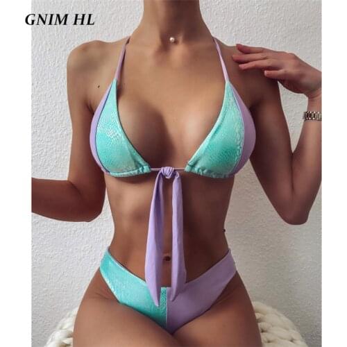 GNIM Sexy Patchwork Bikini Set 2020 Summer Triangle Swimwear Women Backless Bandage Brazilian Swimsuit Female Two Pieces Biquini