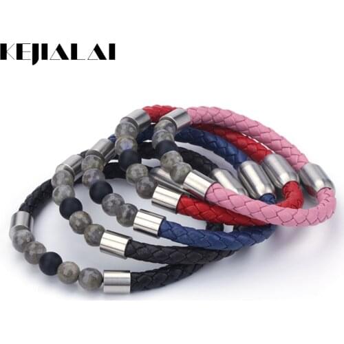 KEJIALAI 8mm Natural Pink Crystal Stone Bead Stainless Steel Charms Genuine Leather Unique Best Unisex Bracelet Bangle B5012