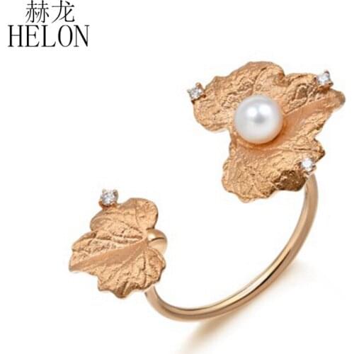 HELON Natural Pearl Ring Genuine 14K Rose Gold Ring White Freshwater Pearl Ring Classic Fine Jewelry Gift For Women