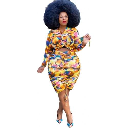 Dashiki Womens Two Piece Suit Summer New Fashion High Quality African Skirt Suit Long-Sleeved T-Shirt + Skirt Casual Suit 2021