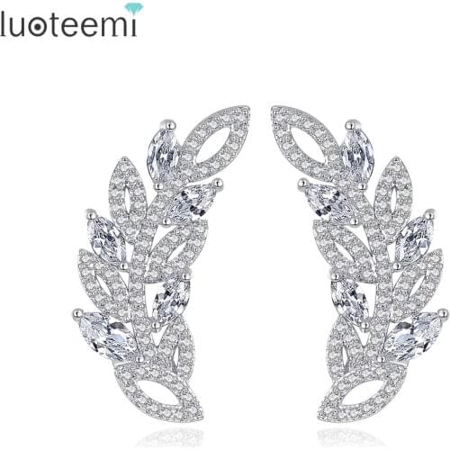 LUOTEEMI Luxury Stud Earring for Women Crystal Wheat Leaf CZ Micro Stud Earrings Boucle D'oreille Crystal Korean Fashion Jewelry
