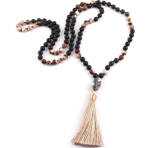 Fashion Bohemian Jewelry 108 Beads Multi Stone Knotted Oval Pearl Crystal Ball & Tassel Necklace Wome Yoga Necklace