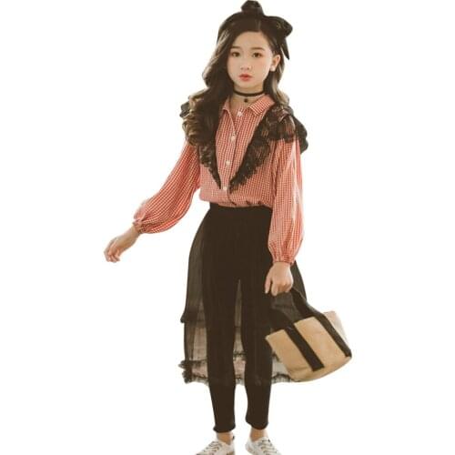 Girls Clothes Plaid Blouse + Mesh Pants Clothing For Girls 2021 Autumn Girl Outfit Patchwork Kids Tracksuit 6 8 10 12 14