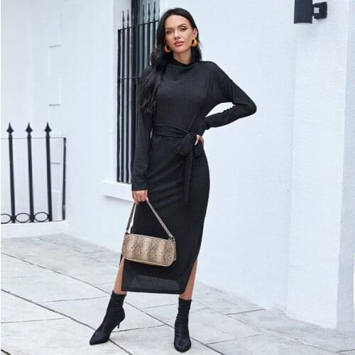 Designer Black Ladies Dresses for Women High-waisted Slimt Stretch Midi Dress Long Sleeve Fashion Free Shipping Plus Size Casual
