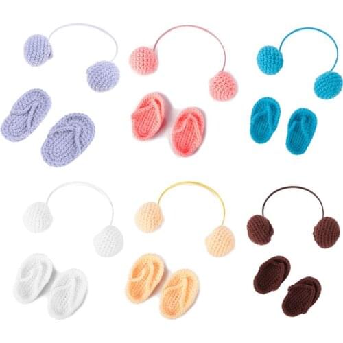 NewBorn Photography Props Hand Crochet Baby Slippers +Headset Set Baby Photo Props Shoes Photography Accessories