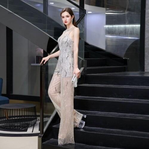 Luxury women jumpsuit heavy beaded sparkly sexy pants formal evening wear