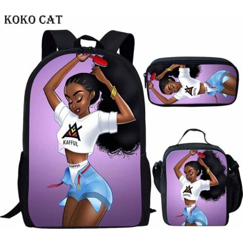 KOKO CAT 3pcs/set School Bags Backpack African Black Girl Schoolbag Fashion Kids Book Bag for Children Female Daypack Mochila