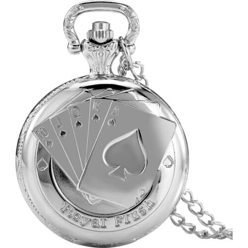 Silver Poker Pocket Watch Medium Royai Fiush Exquisite Poker Stars Roman Numeral Quartz Dial Necklace Slim Chain Gift For Friend
