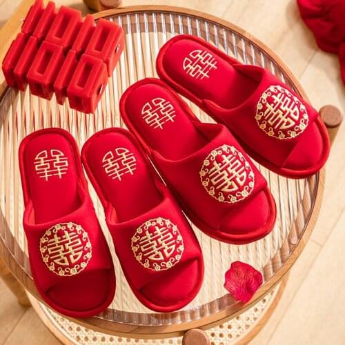 Two Pairs Chinese Wedding Celebration Slippers for Lovers Women Woman Slides Plush Fur Home Indoor Funny Anime Mens Slippers