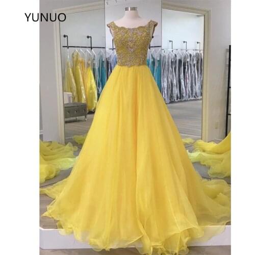YUNUO Sparkle Beaded Yellow Evening Dress A Line Scoop Formal Prom Dresses robe de soiree Custom Made Long vestido de festa
