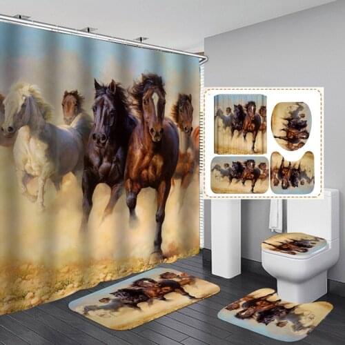 Running Horse Print Shower Curtain Polyester Waterproof Fabric Screen Pedestal Rug Lid Toilet Cover Bath Mat Set Bathroom Decor