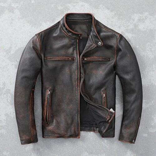 Factory Classical Motorcycle Jackets Men Leather Jacket Natural Calf Skin Thick Motor Jacket Winter Free Shipping Vintage