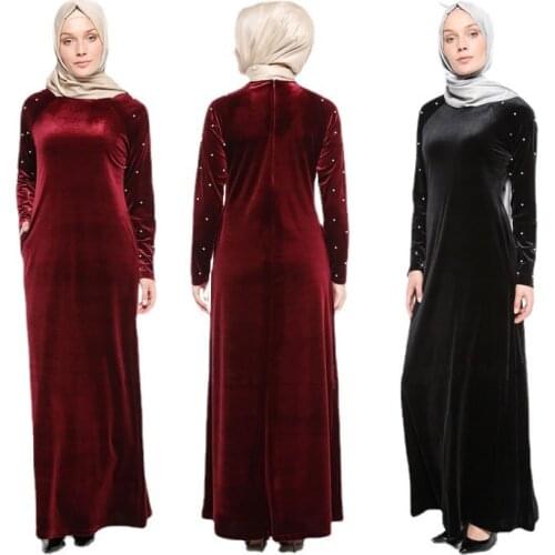 Muslim Womens Clothing plus Size Long Dress Velvet Beads Loose Robe Saudi Turkey Dress muslim sets hijab