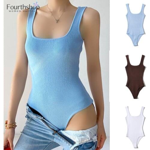 2021 Summer Casual Knitted Stretchy Bodysuit Women Sexy Sleeveless Solid White Black Rompers Tops and Blouses Body Femme Monos