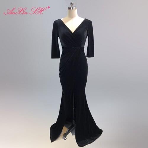 AnXin SH vintage black velour mermaid evening dress Party green princess v neck half sleeve pink trumpet red evening dress 1553